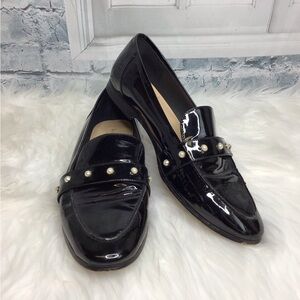 Kate Spade Black Patent Leather Loafers with Pearl Accents
